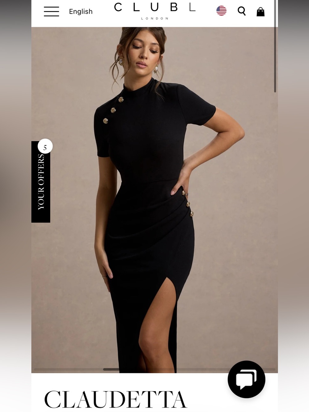 Claudetta Black Short Sleeve Midi Dress with Gold Buttons